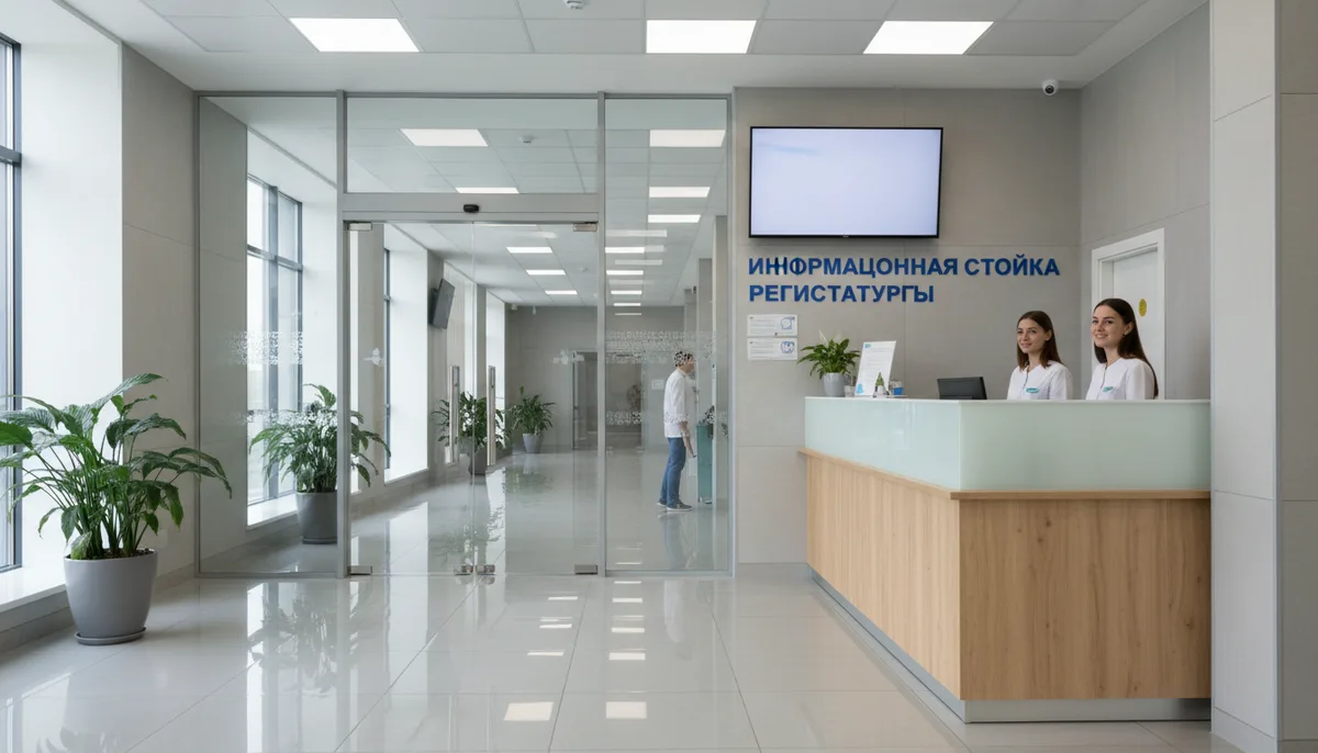 светлый коридор медицинского центра, стеклянная дверь, информационная стойка регистратуры