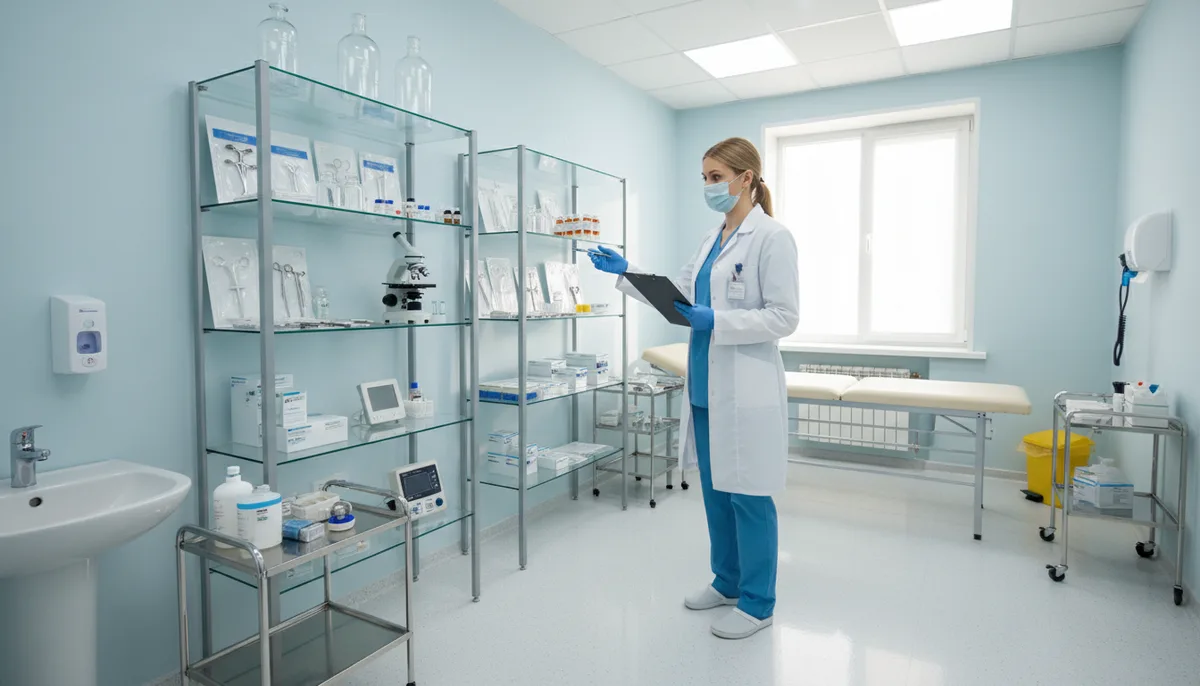 инспектор в медицинском халате осматривает процедурный кабинет, полки с медицинским оборудованием