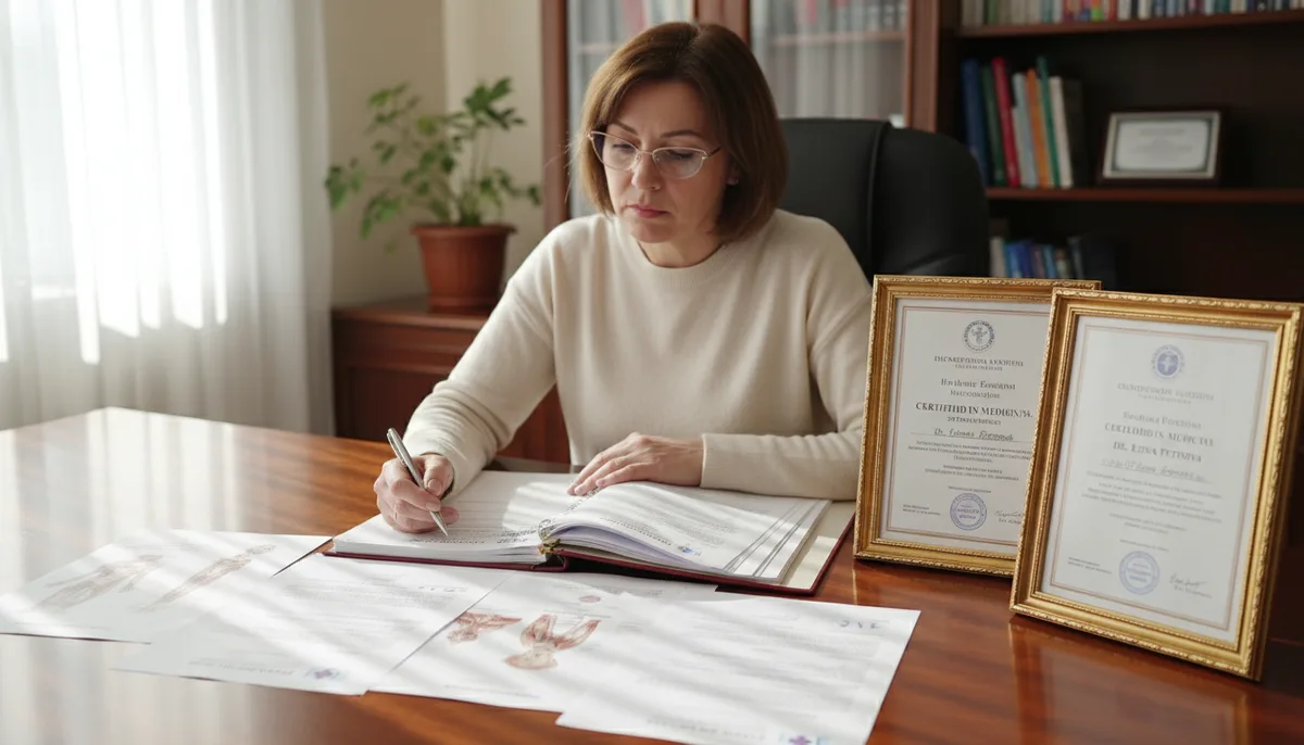 Пациент за столом, внимательно изучающий медицинские документы и сертификаты врача