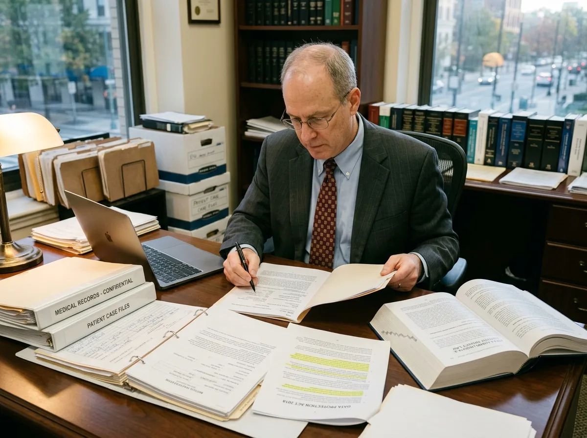 Юрист изучает медицинские документы и законодательные акты о персональных данных пациентов на рабочем столе