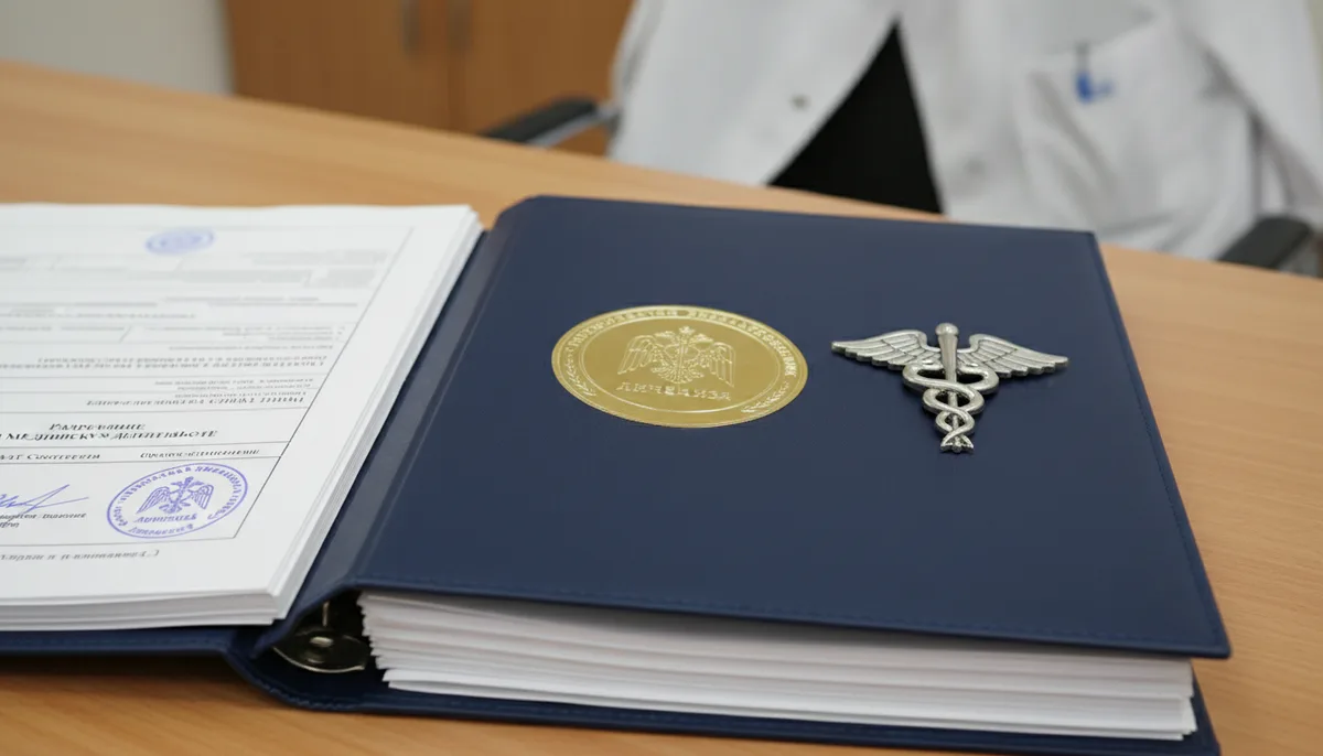 папка с лицензионными документами, печать организации, медицинский значок