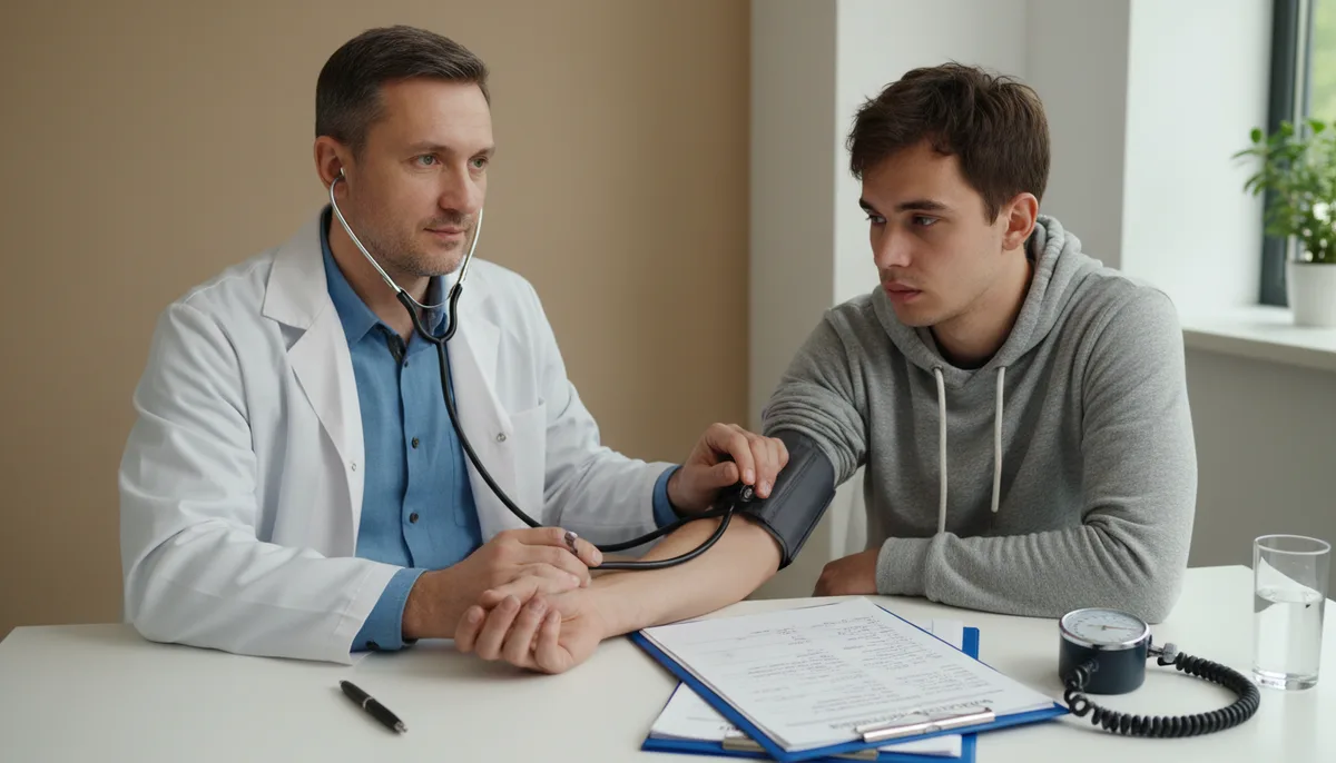 врач-нарколог проводит осмотр пациента, тонометр, медицинская документация
